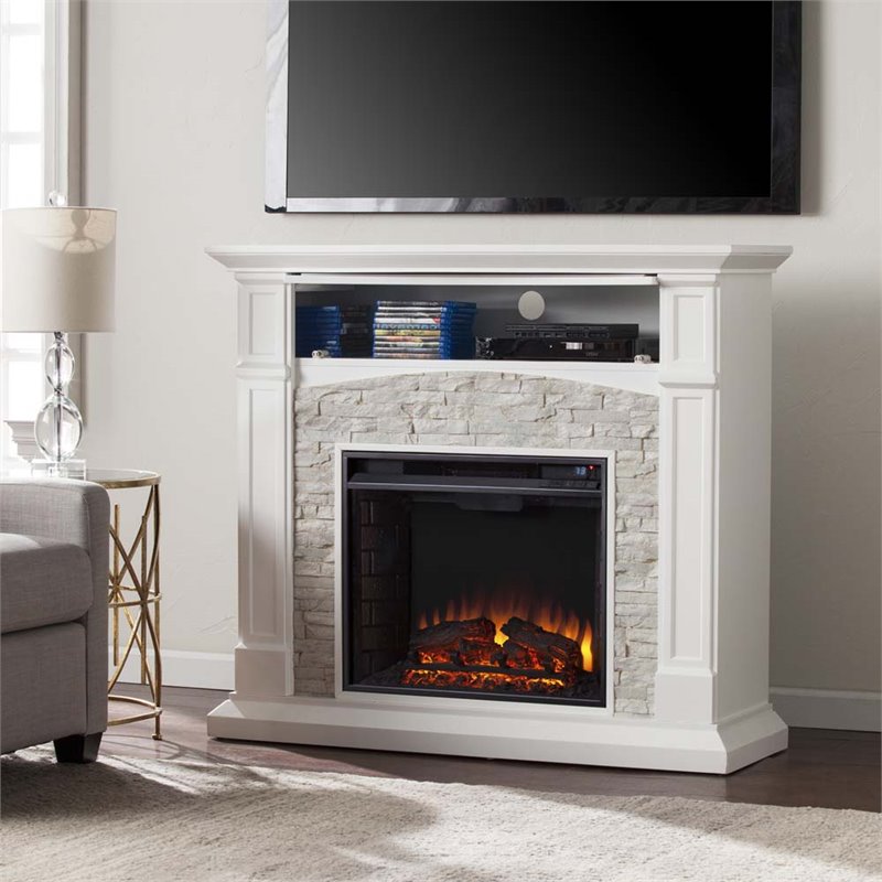 SEI Furniture Seneca Faux Stone Electric Fireplace TV Stand