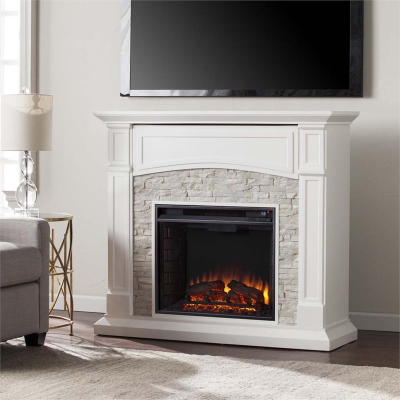 SEI Furniture Seneca Faux Stone Electric Fireplace TV Stand