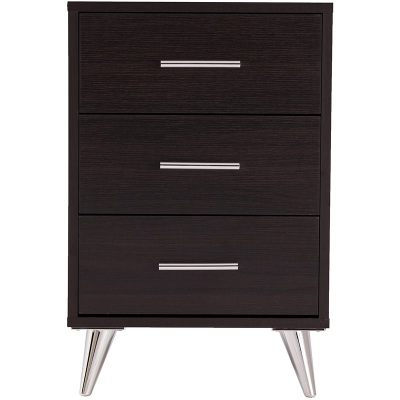 SEI Furniture Owen 3 Drawer Nightstand in Ebony and Chrome