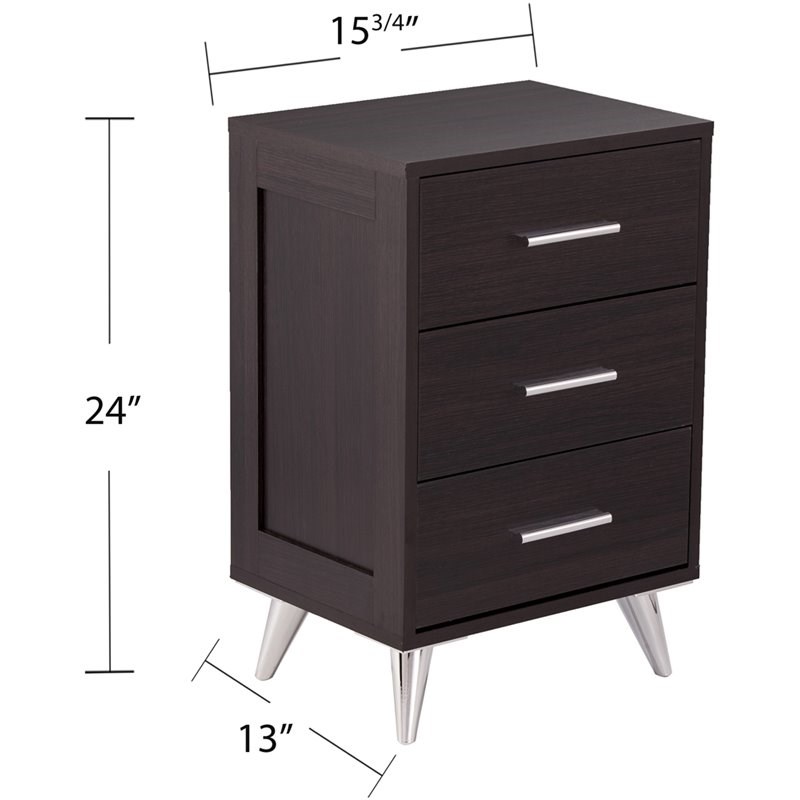SEI Furniture Owen 3 Drawer Nightstand in Ebony and Chrome