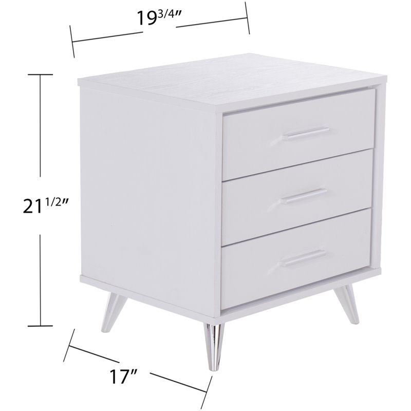 SEI Furniture Oren 3 Drawer Nightstand in White and Chrome