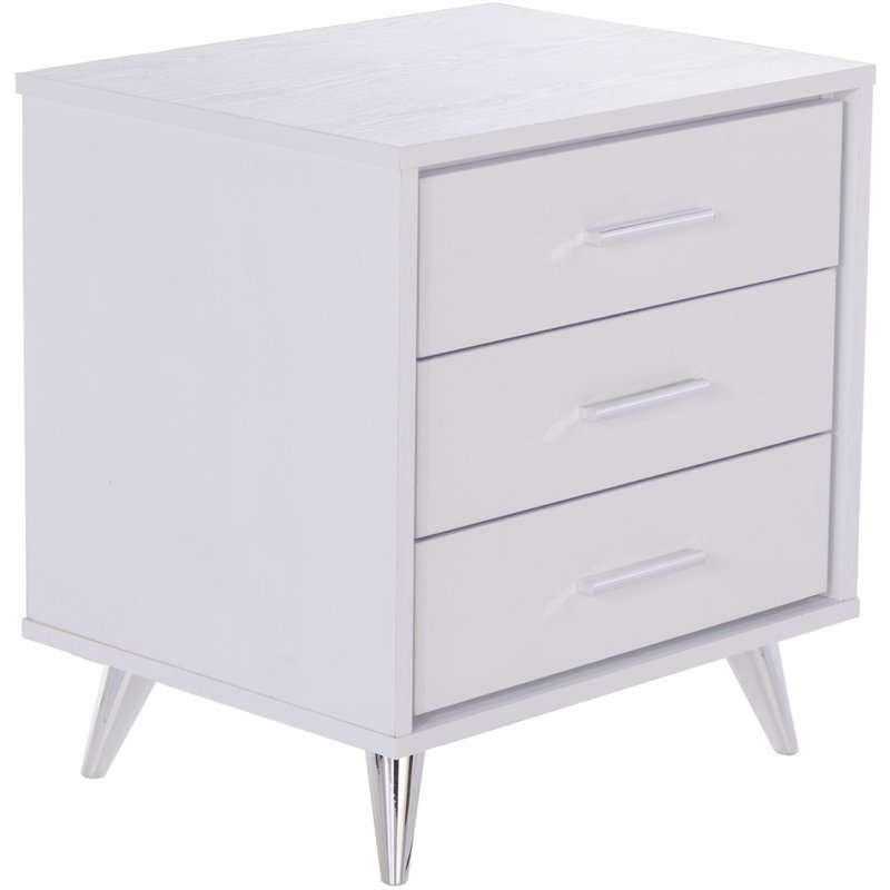 SEI Furniture Oren 3 Drawer Nightstand in White and Chrome