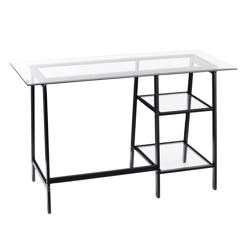 SEI Furniture Avery Glass Top Metal Writing Desk in Black