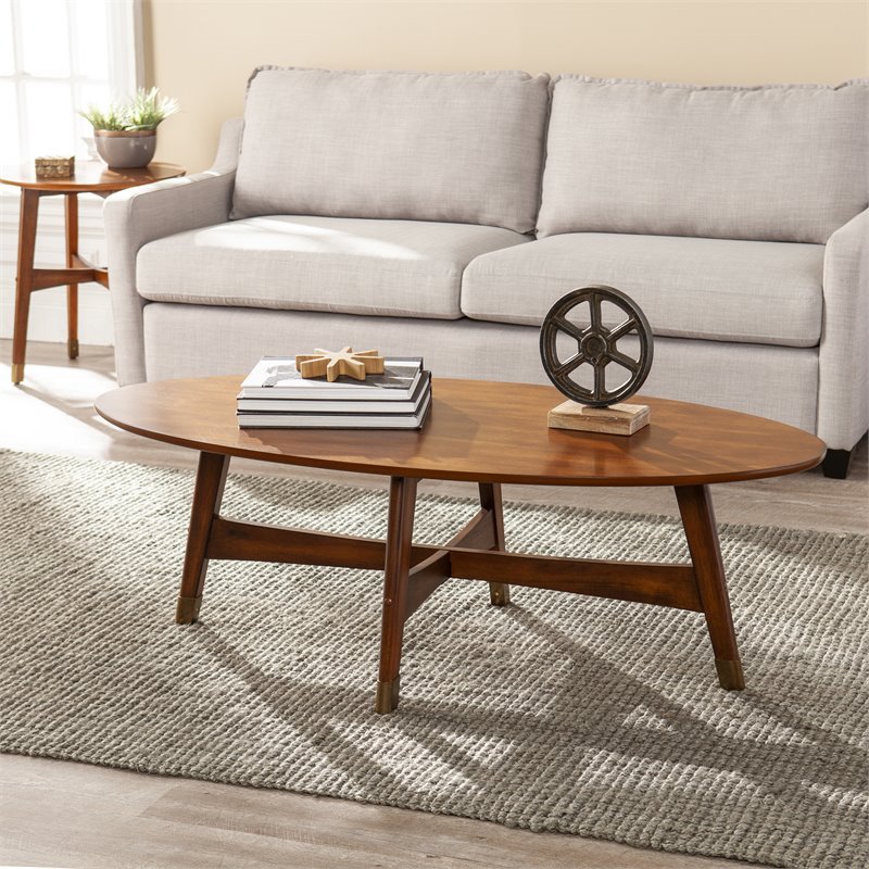 SEI Furniture Rhoda Mid Century Modern Oval Coffee Table in Dark Sienna