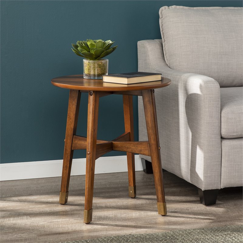 SEI Furniture Rhoda Mid Century Modern Round End Table in Dark Sienna