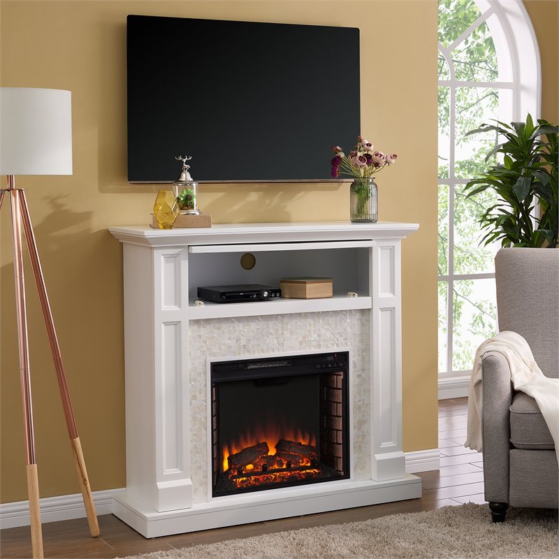 SEI Furniture Nobleman Tiled Electric Fireplace TV Stand in White