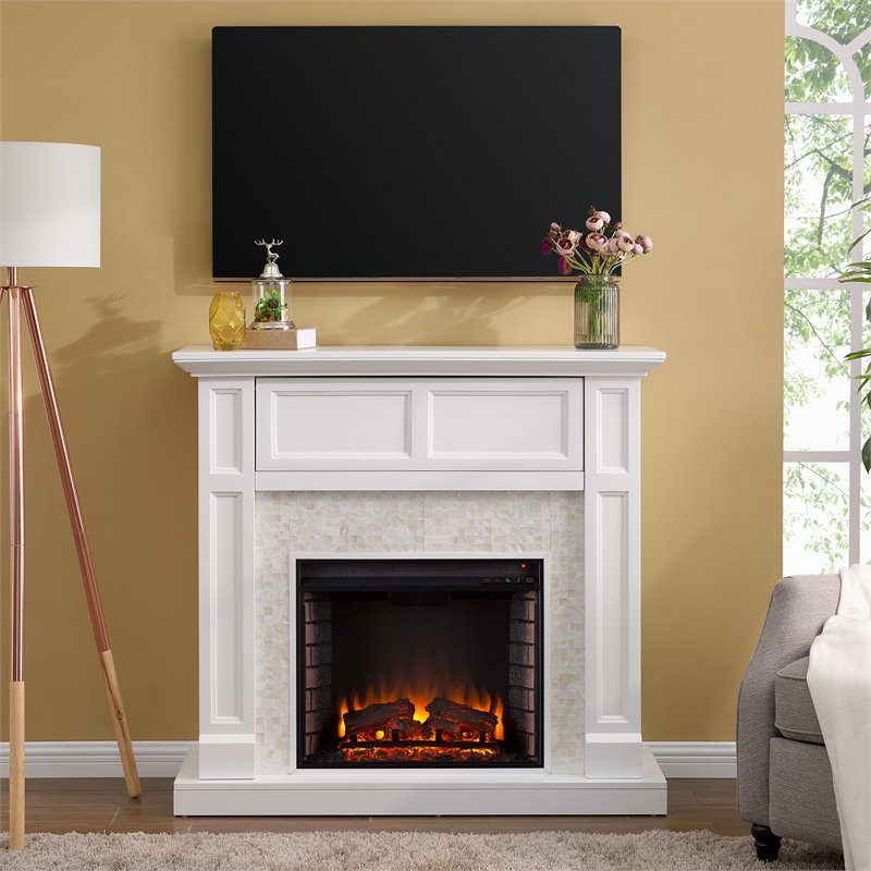 SEI Furniture Nobleman Tiled Electric Fireplace TV Stand in White