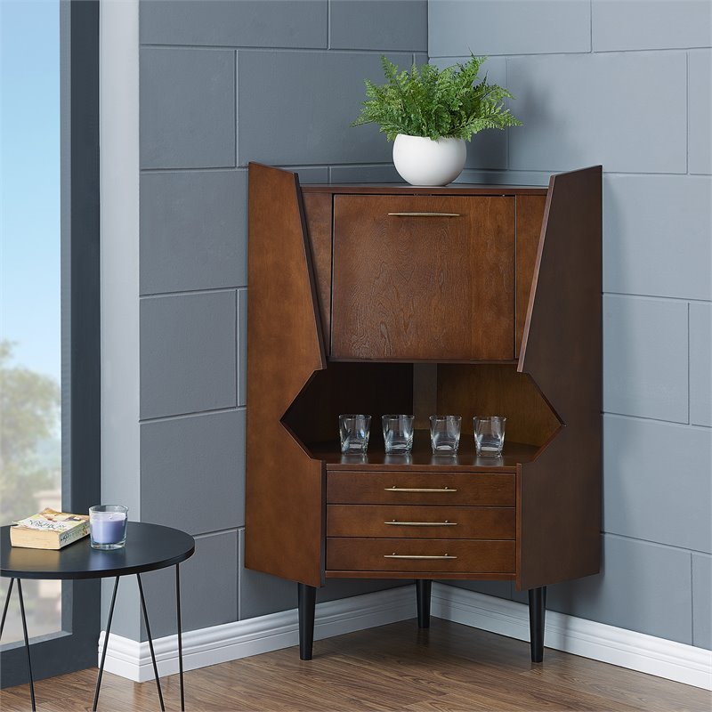 SEI Furniture Larson Mid Century Corner Bar Cabinet in Dark Tobacco