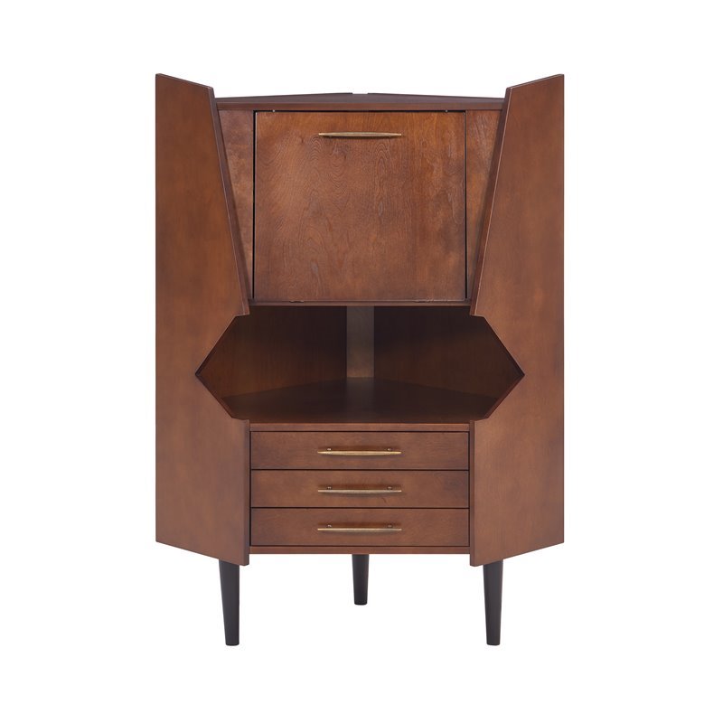SEI Furniture Larson Mid Century Corner Bar Cabinet in Dark Tobacco