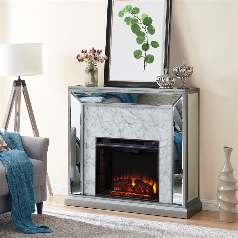 SEI Furniture Trandling Mirrored Faux Marble Electric Fireplace in White