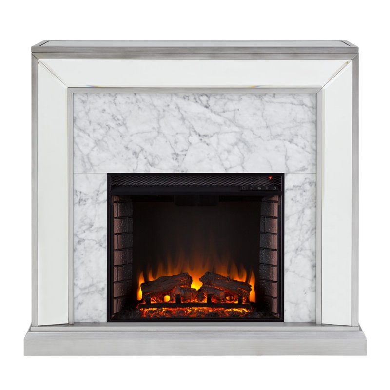 SEI Furniture Trandling Mirrored Faux Marble Electric Fireplace in White