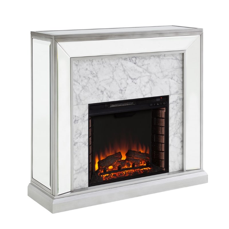 SEI Furniture Trandling Mirrored Faux Marble Electric Fireplace in White