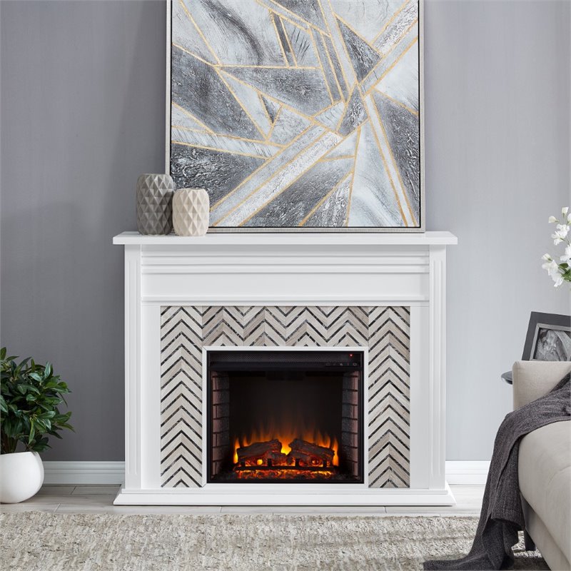 SEI Furniture Hebbington Tiled Marble Electric Fireplace in White