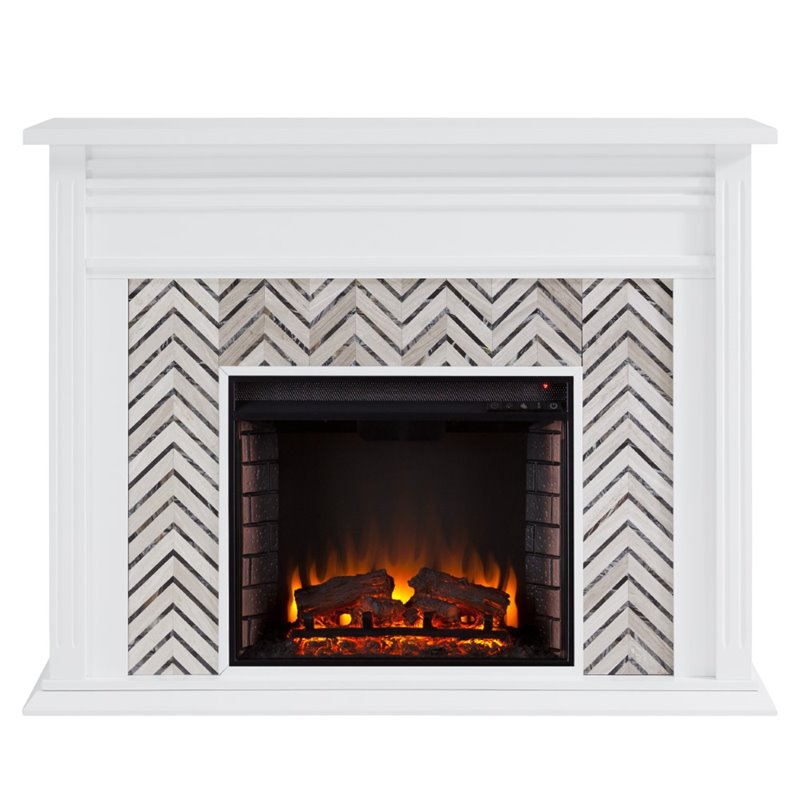 SEI Furniture Hebbington Tiled Marble Electric Fireplace in White