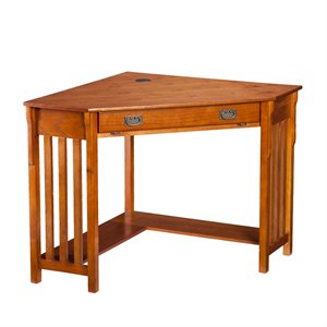 SEI Furniture Wood Corner Computer Desk in Mission Oak with Gun Metal Handles