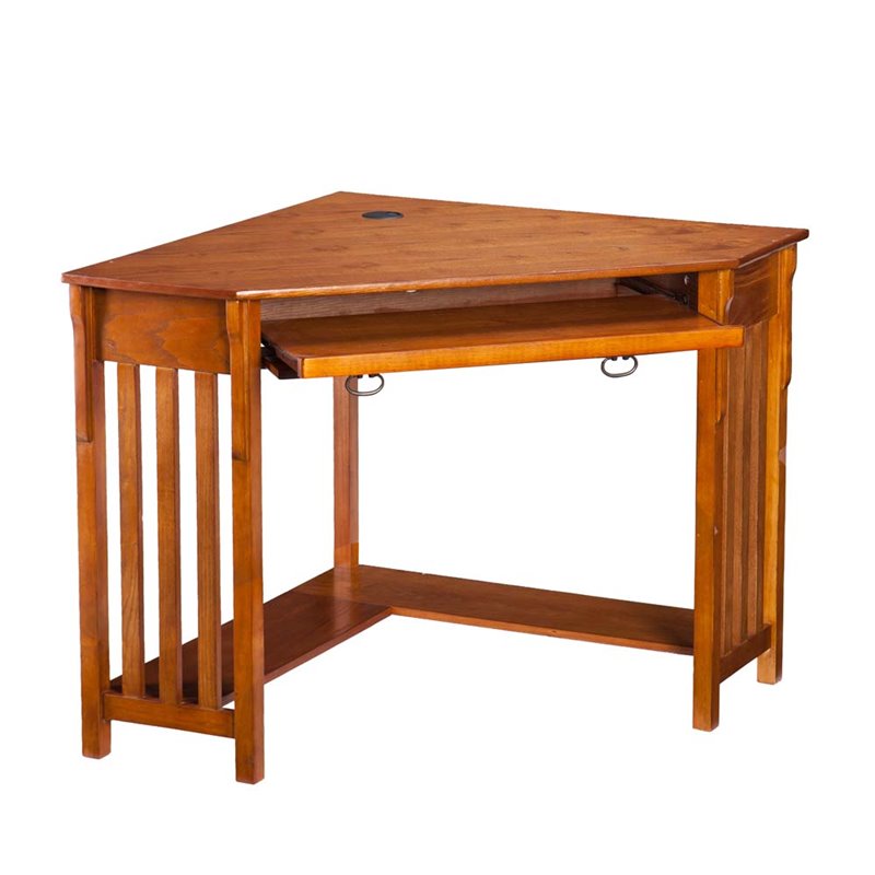 SEI Furniture Wood Corner Computer Desk in Mission Oak with Gun Metal Handles