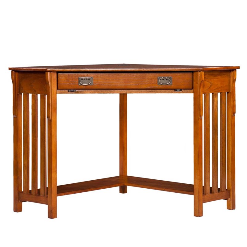 SEI Furniture Wood Corner Computer Desk in Mission Oak with Gun Metal Handles