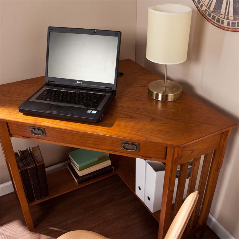 SEI Furniture Wood Corner Computer Desk in Mission Oak with Gun Metal Handles