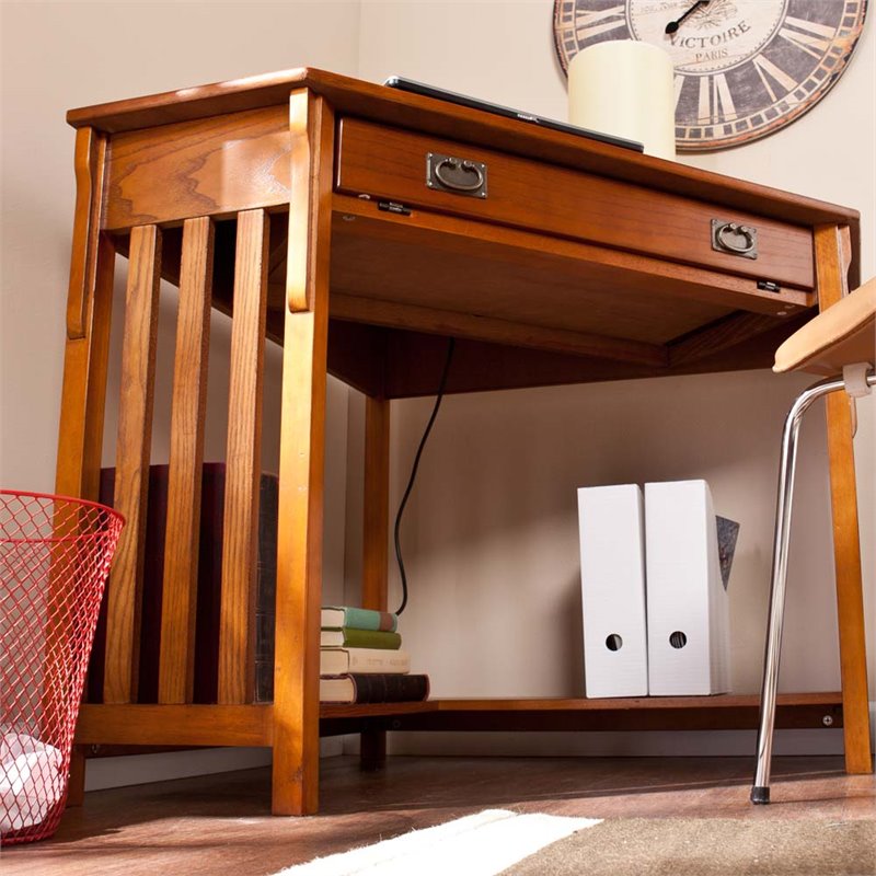 SEI Furniture Wood Corner Computer Desk in Mission Oak with Gun Metal Handles