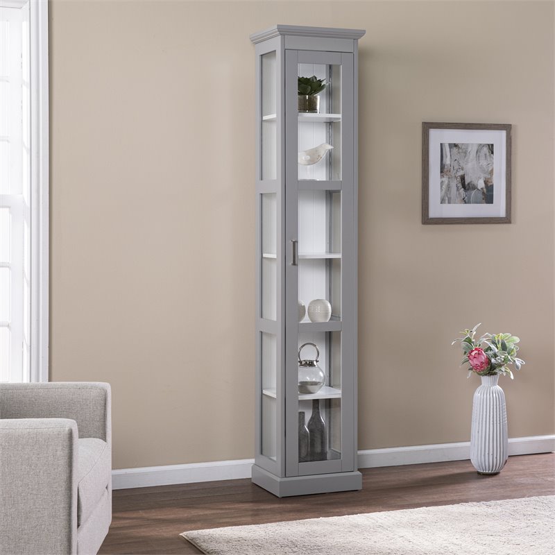 SEI Furniture Balterley Wood Tall Curio Cabinet with Glass Door in Gray
