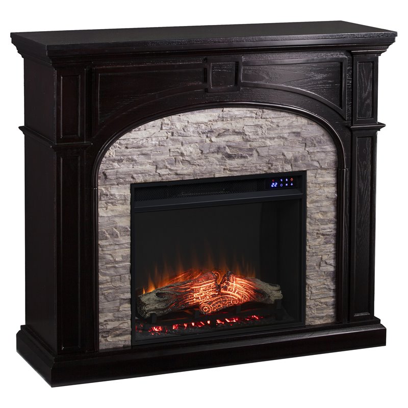 SEI Furniture Tanaya Wood and Faux Stone Electric Fireplace in Brown