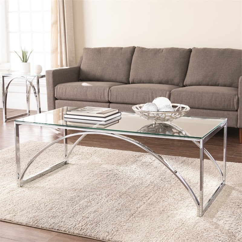SEI Furniture Stevenly Metal Cocktail Table with Glass Top in Silver