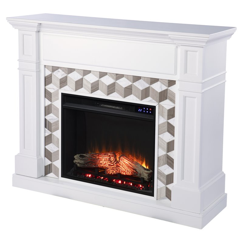 SEI Furniture Darvingmore Wood-Marble Electric Fireplace in White