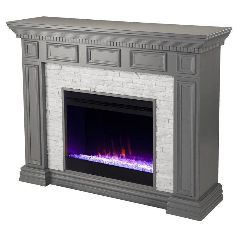 SEI Furniture Dakesbury Wood-Faux Stone Color Changing Fireplace in Gray