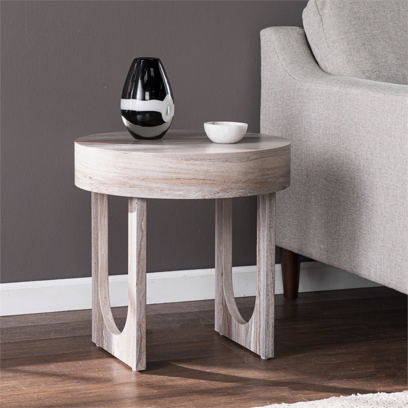 SEI Furniture Chadkirk Round Wood-Faux Marble End Table in Brown