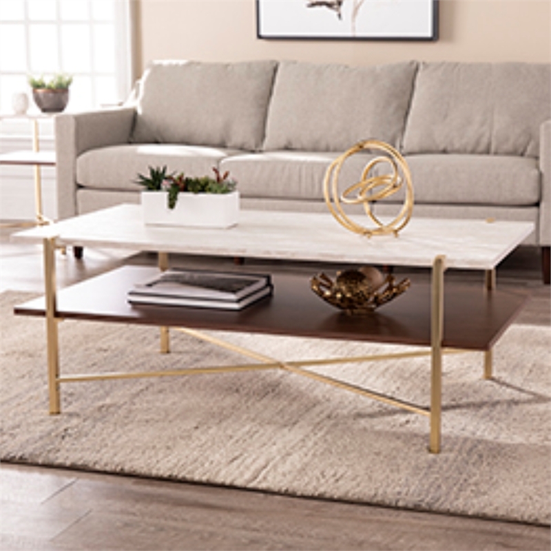 Southern Enterprises Ardmillan Wood and Iron Rectangular Cocktail Table in Brass