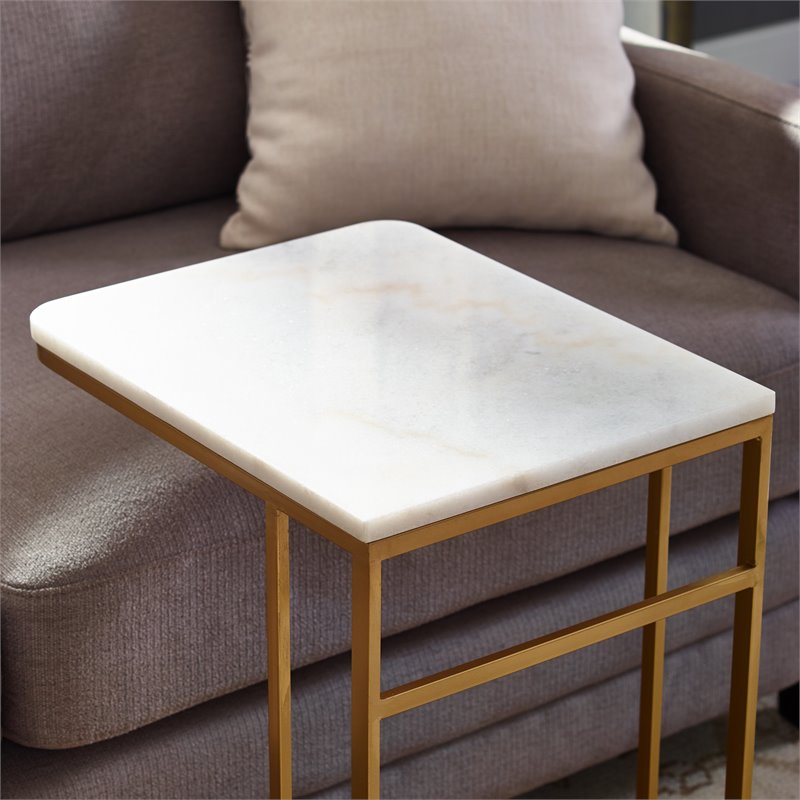 SEI Furniture Fallon Marble Top C Side Table in Gold and White
