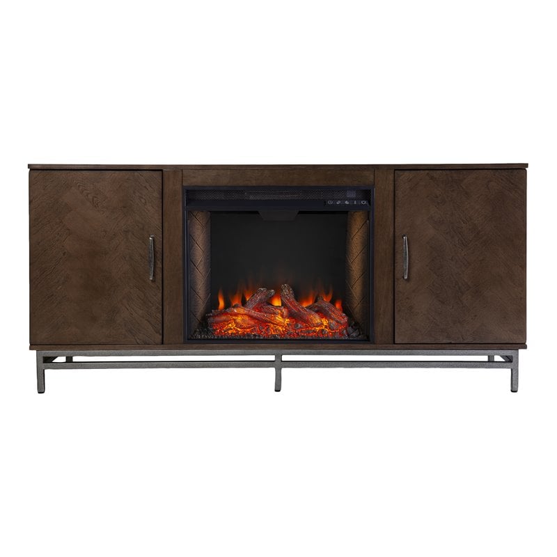 Dibbonly Smart Fireplace with Media Storage in Brown/Matte Silver