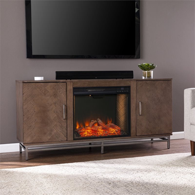 Dibbonly Smart Fireplace with Media Storage in Brown/Matte Silver