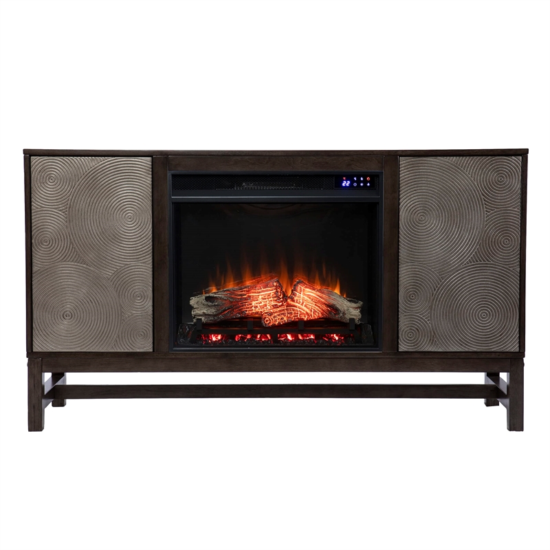 Lannington Electric Fireplace with Media Storage in Brown/Antique Silver