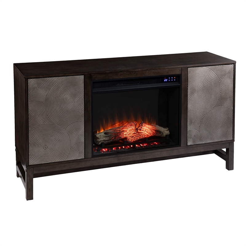 Lannington Electric Fireplace with Media Storage in Brown/Antique Silver