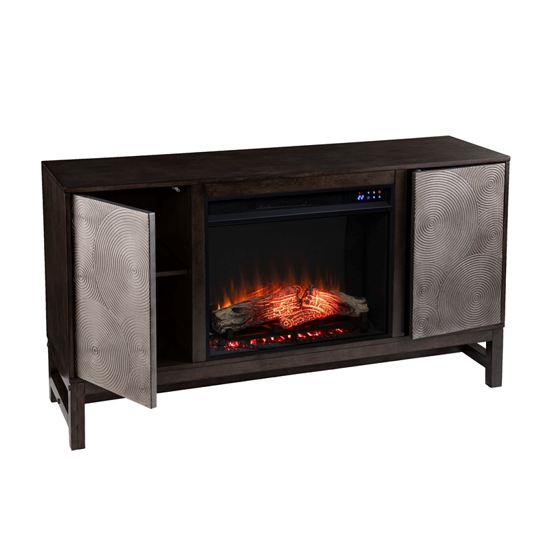 Lannington Electric Fireplace with Media Storage in Brown/Antique Silver