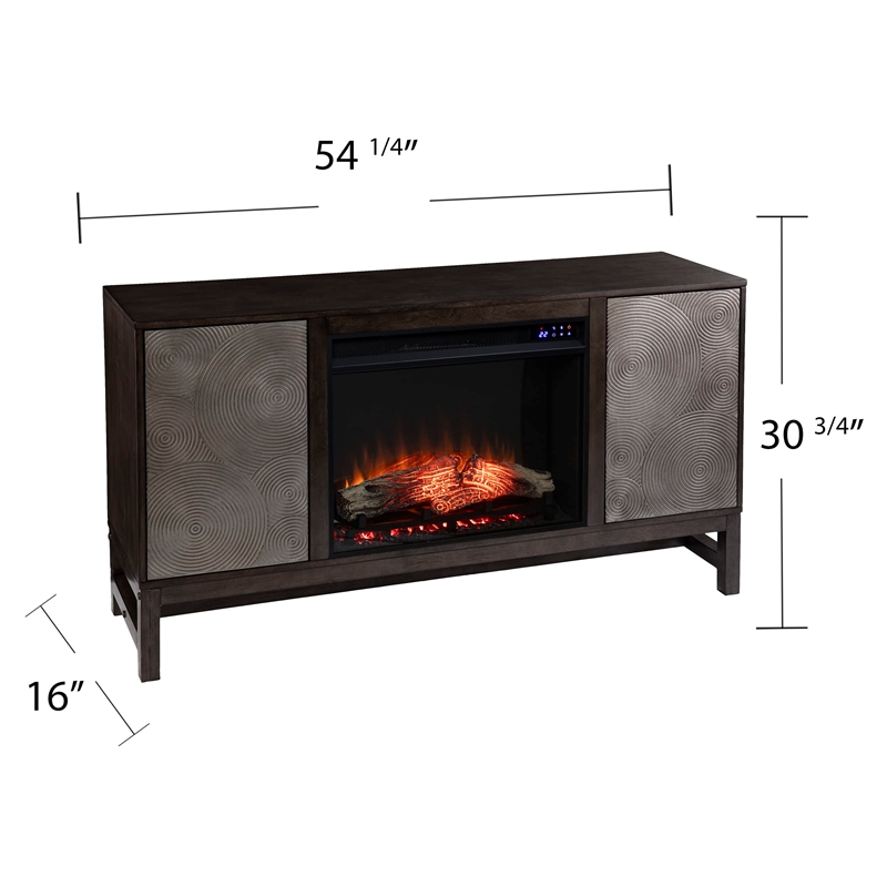 Lannington Electric Fireplace with Media Storage in Brown/Antique Silver