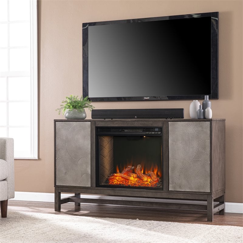 Lannington Smart Fireplace with Media Storage in Brown/Antique Silver