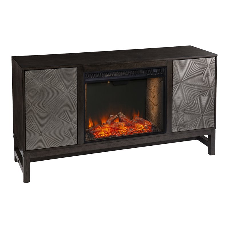 Lannington Smart Fireplace with Media Storage in Brown/Antique Silver