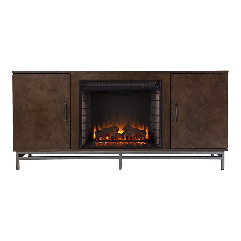 Dibbonly Electric Fireplace with Media Storage in Brown/Matte Silver