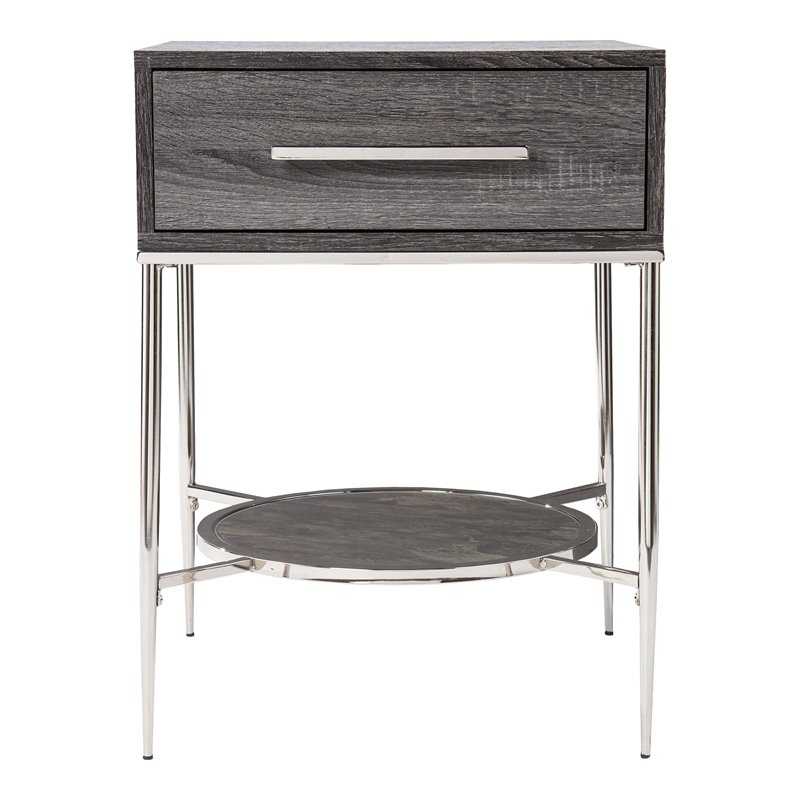 Waltenson Faux Marble Print 1-Drawer/Shelf Nightstand in Black Oak/Chrome/Gold