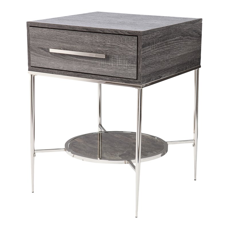 Waltenson Faux Marble Print 1-Drawer/Shelf Nightstand in Black Oak/Chrome/Gold