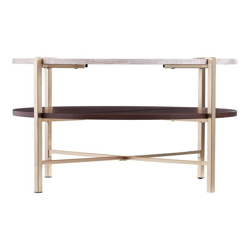 Ardmillan 2-Tier Round Faux Marble-Top Cocktail Table in Brass/Dark Tobacco