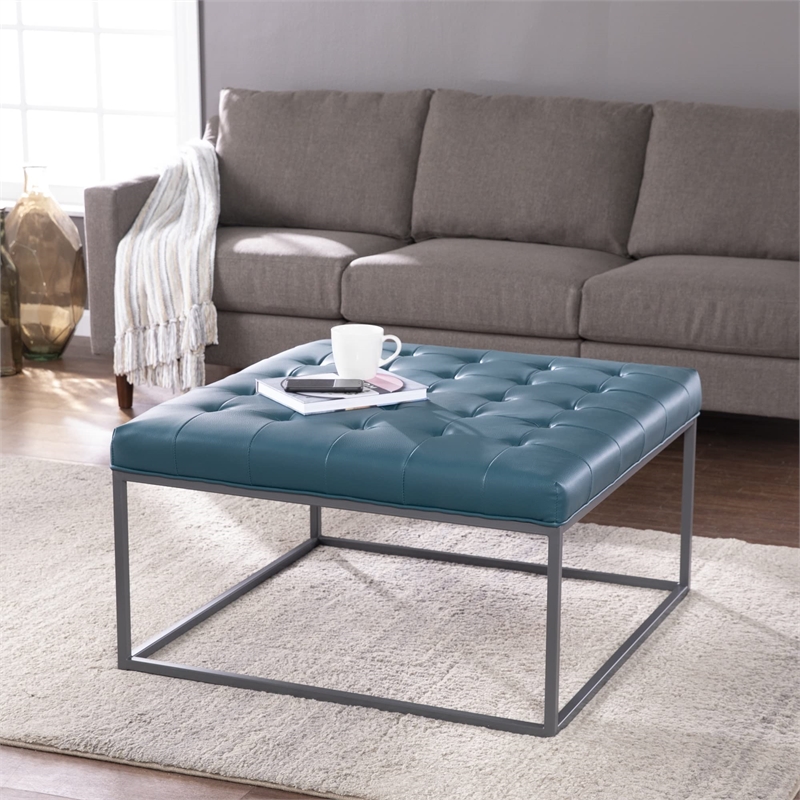 SEI Furniture Ciarin Leather Upholstered Cocktail Ottoman in Blue/Gray