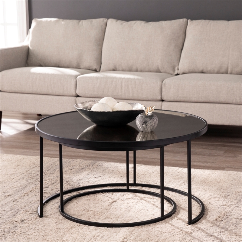 Southern Enterprises Downham Mirror Nesting Coffee Tables - 2Pc Set in Black