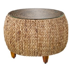 Jokobe Round Water Hyacinth with Tempered Glass Cocktail Table in Natural