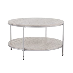 SEI Furniture Silas Round Faux Travertine Stone Cocktail Table in Chrome