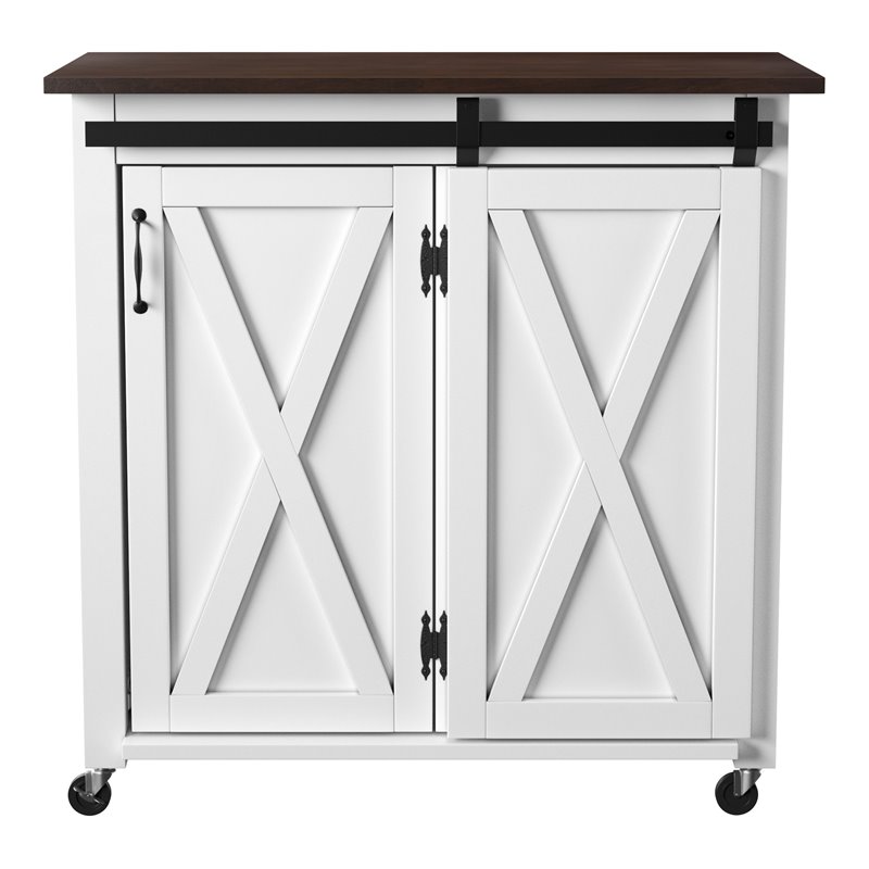 SEI Furniture Leshire Engineered Wood Barn-Door Kitchen Cart in Dark Brown/White