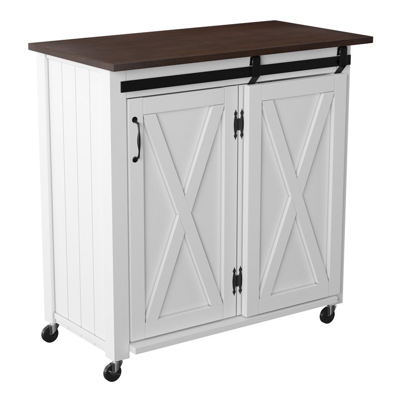 SEI Furniture Leshire Engineered Wood Barn-Door Kitchen Cart in Dark Brown/White