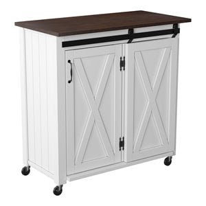 SEI Furniture Leshire Engineered Wood Barn-Door Kitchen Cart in Dark Brown/White